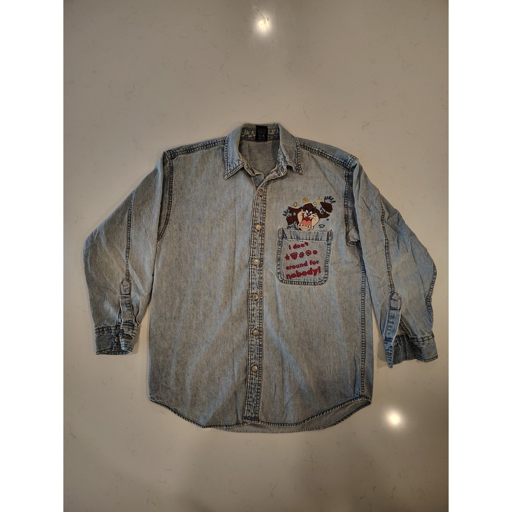 Vintage Warner Bros Taz Denim Button Down Shirt XS Blue Looney Tunes 90s